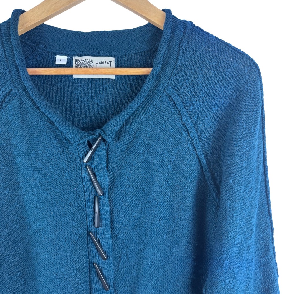 Habitat Cardigan Women Large Teal Blue Cotton Slub Knit Toggle Art Lagenlook